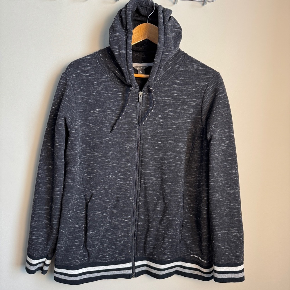 Eddie Bauer Womens Full Zip Hoodie‎ Heathered Charcoal Gray Striped Cuffs XL